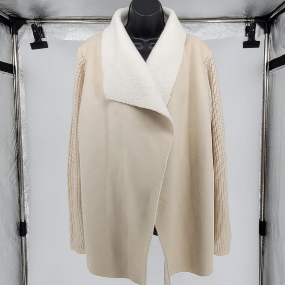 Sienna Sage Jackets & Blazers - Sienna Women 2X Faux Suede Shearling Mixed Media Open Cardigan Jacket Beige boho